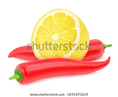 Composition with red hot chili pepper and lemon. On white background. Clip art image for package design.