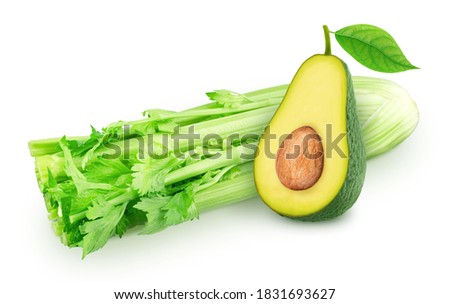 Celery leaves and avocado, on a white background. Clip art image for package design.