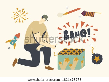 Male Character Burning Wick from Fireworks for Christmas or New Year Holiday Celebration. Festive Recreation, Firework Show, Safety and Danger Situation Prevention Concept. Linear Vector Illustration