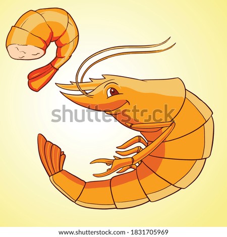 an illustration of smiling shrimp, fried shrimp, cartoon