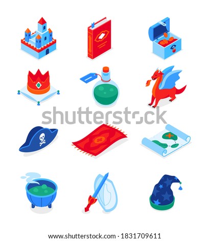 Fantasy and fiction - modern colorful isometric icons set. Magic objects and fairy tale characters idea. Castle, book, crown, potion, dragon, pirate hat, flying carpet, map, cauldron, sword and shield