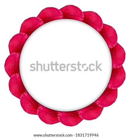 Round frame with copy space of pink flower petals along the border. Natural floral template for text on postcards or scrapbooking isolated on white background