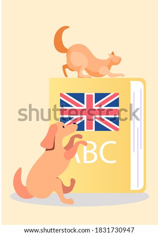 Cute cat and dog near the book with English alphabet vector illustration in pastel colours with Great Britain flag. Love for kittens and puppies, positivity domestic animals learn a foreign language