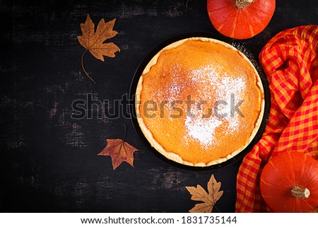 American Pumpkin Pie. Thanksgiving Day. American cuisine. Top view.