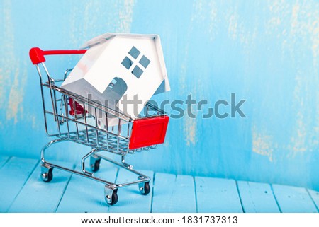 Business still life. House in a shopping cart. Buying or selling real estate.