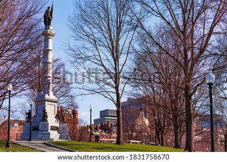 Soldiers and Sailors Monument over Boston Common park with Sacred Cod, Massachusetts, USA