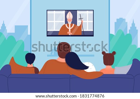 Family people watch church religion tv news vector illustration. Cartoon flat mother father and children characters watching religious sermon television channel, sitting on sofa together background