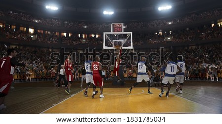 Basketball players on big professional arena during the game. Tense moment of the game. Stadium and crowd are made in 3d.