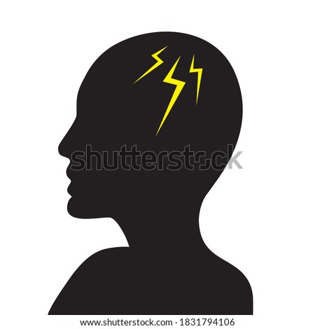 Human head with thunderbolt icon inside as brain. Concept of stress chaotic thought process. Flat vector illustration