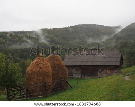 Haystacks preparing for winter near a barn with misty mountains in the background