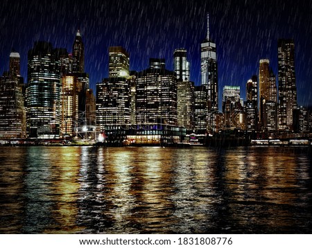 new york city skyline at night under rain
