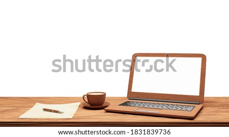 computer notebook and coffee on old table isolated on white background with clipping path,3d render