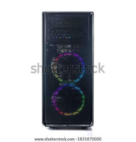 Studio shot of black Gaming desktop pc with rgb lights and visible components. Isolated on white background. Royalty-Free Stock Photo #1831870000