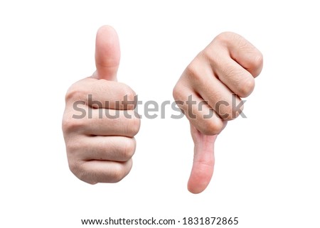 Hands showing thumbs up and showing thumbs down gesture isolated over white background