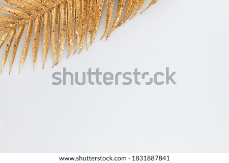  Palm gold leaf on blue background. Palm leaf, Flat lay and top view.