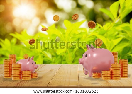 Pink piggy bank,coin dropping from top,stack gold dollar coin,on wood table,blurred nature background,concept money saving,investments,financial planning money in bank,education,real estate,
