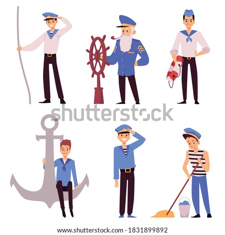 A set of cartoon characters of sailors and a captain in form in various situations. The seamans working on board. Flat vector illustrations isolated on a white background Royalty-Free Stock Photo #1831899892