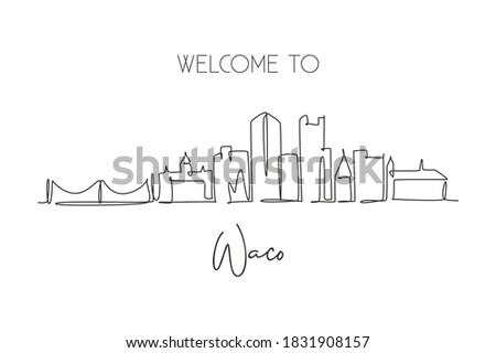 One single line drawing Waco city skyline, Texas. World historical town landscape. Best holiday destination postcard. Editable stroke trendy continuous line draw design graphic vector illustration