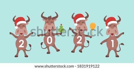New Year of Ox. Oxen Cartoon Characters in Santa Hat, Set Funny Animals