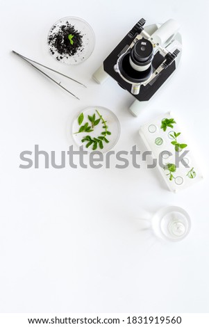 Plants with microscope in scientific laboratory. Top view Royalty-Free Stock Photo #1831919560