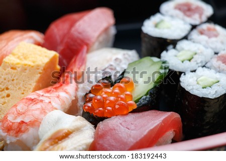 Traditional Japanese sushi(nigirizushi (sushi shaped by hand)).  Royalty-Free Stock Photo #183192443