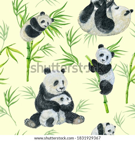 cute seamless pattern with pandas and bamboo on a light background.For printing on textiles and Wallpaper