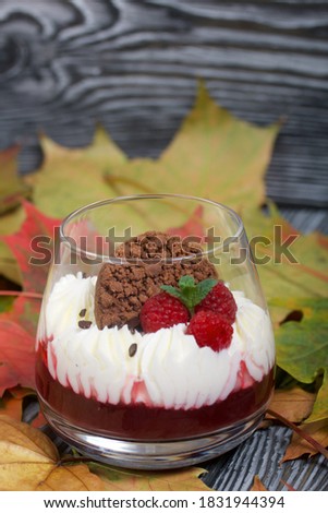 Dessert made from cream cheese with raspberry jelly. Decorated with cookies, raspberries and mint. Dried autumn maple leaves are all around.