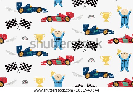 Seamless pattern with a cute bear racer, race cars, winner cup, speedometer, formula flags. Children's illustration for cover, wallpaper, kids design.