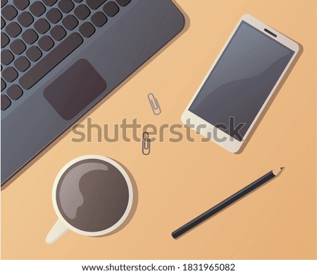 Home office workspace. Work and study. Vector illustration. The view from the top. Phone, laptop, coffee, clips and pencil.