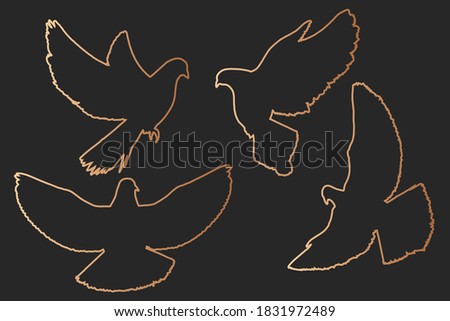Doves silhouettes set bronze line- art