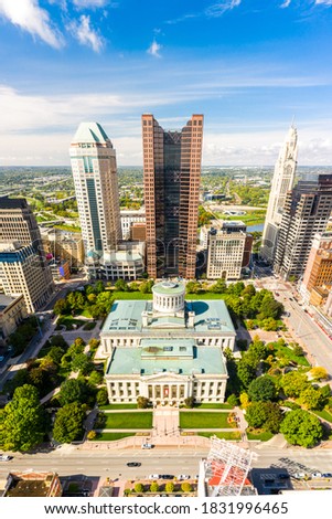 Vertical panorama of the Ohio State House and Columbus skyline. The Ohio Statehouse is the state capitol building and seat of government for the U.S. state of Ohio
