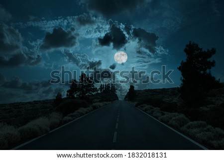 A straight country road in the more than 2000 meter high caldera of Tenerife at night. The full moon is in the sky and illuminates the road that leads through a rock cut.