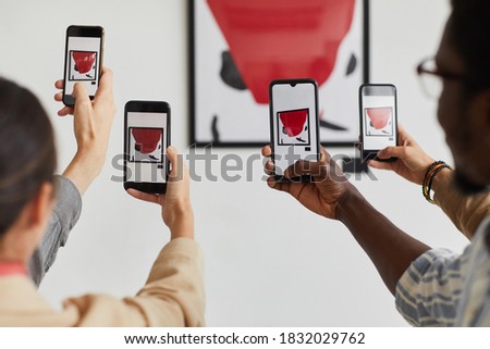 Graphic background of multiple people taking smartphone photos of painting at modern art gallery exhibition, copy space