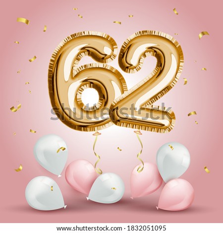 Elegant Greeting celebration sixty two years birthday. Anniversary number 62 foil gold balloon. Happy birthday, congratulations poster. Golden numbers with sparkling golden confetti. Vector background Royalty-Free Stock Photo #1832051095