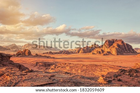 Red Mars like landscape in Wadi Rum desert, Jordan, this location was used as set for many science fiction movies Royalty-Free Stock Photo #1832059609