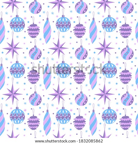 Seamless Pattern of Christmas Tree Decorations in Lilac and Blue Tones with Stars and Snowflakes, on a White Background, Vector Illustration