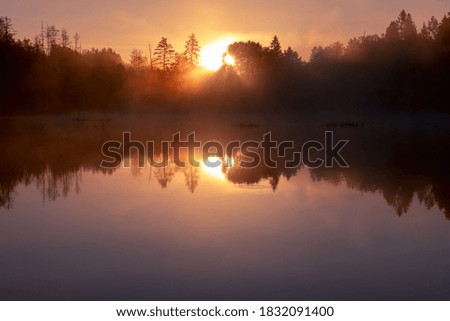 Landscape sunrise on the lake in lilac fog. The calm surface of the water and the reflection of the sun's rays