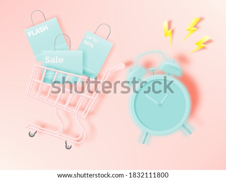Shopping cart for sale banner in paper art style and pastel scheme vector illustration