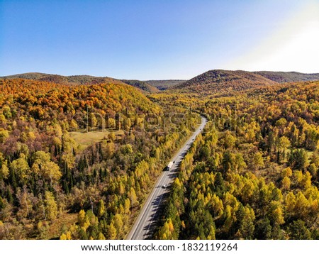 The road goes into the distance among the autumn forests and mountains. 
