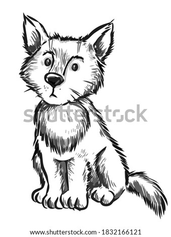 drawing of a cute dog in black and white, hand-drawn illustration isolated on a white background