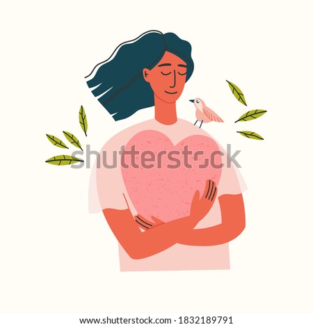 Vector illustration of a girl portrait. Girl in blue pants and beige blouse holding a heart. Hand-drawn illustration of mental health. Self-love. Peace of mind. Royalty-Free Stock Photo #1832189791