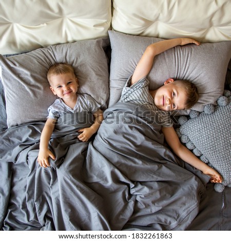 Two little boys with brown hair lie in a large bed. Laugh, watch cartoons on the phone and tablet. Play the gadget. Gray bedding. Children are Caucasian.