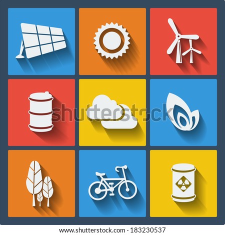 Raster copy. Set of 9 ecology web and mobile icons in flat design. Symbols of sun, cloud, trees, bicycle, barrel, leaf, solar cell, wind turbine