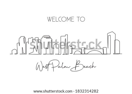 One single line drawing West Palm Beach city skyline Florida. World historical town landscape. Best holiday destination postcard. Editable stroke trendy continuous line draw design vector illustration