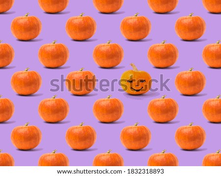 Seamless pattern of ripe pumpkins and one pumpkin with a painted face. Halloween party.