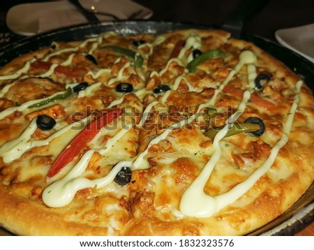 Fajita pizza with olives topping at bahawalpur, pakistan. 13th oct, 2020 