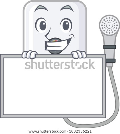 electric water heater cartoon design style standing behind a board