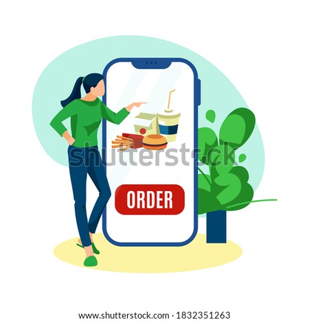 Ordering fast food online via smartphone. Young woman using delivery service mobile app. Tiny woman standing online next big smartphone flat vector illustration