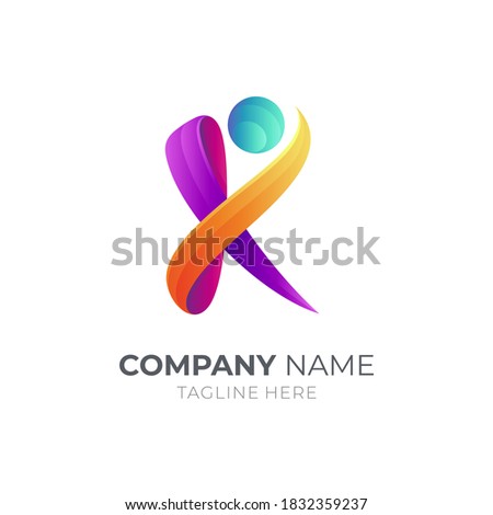 People letter K logo concept. Initial letter K combination with human shape in ribbon 3d vibrant color
