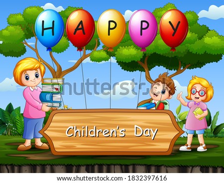 Happy children's day poster with school kids and teacher in the park